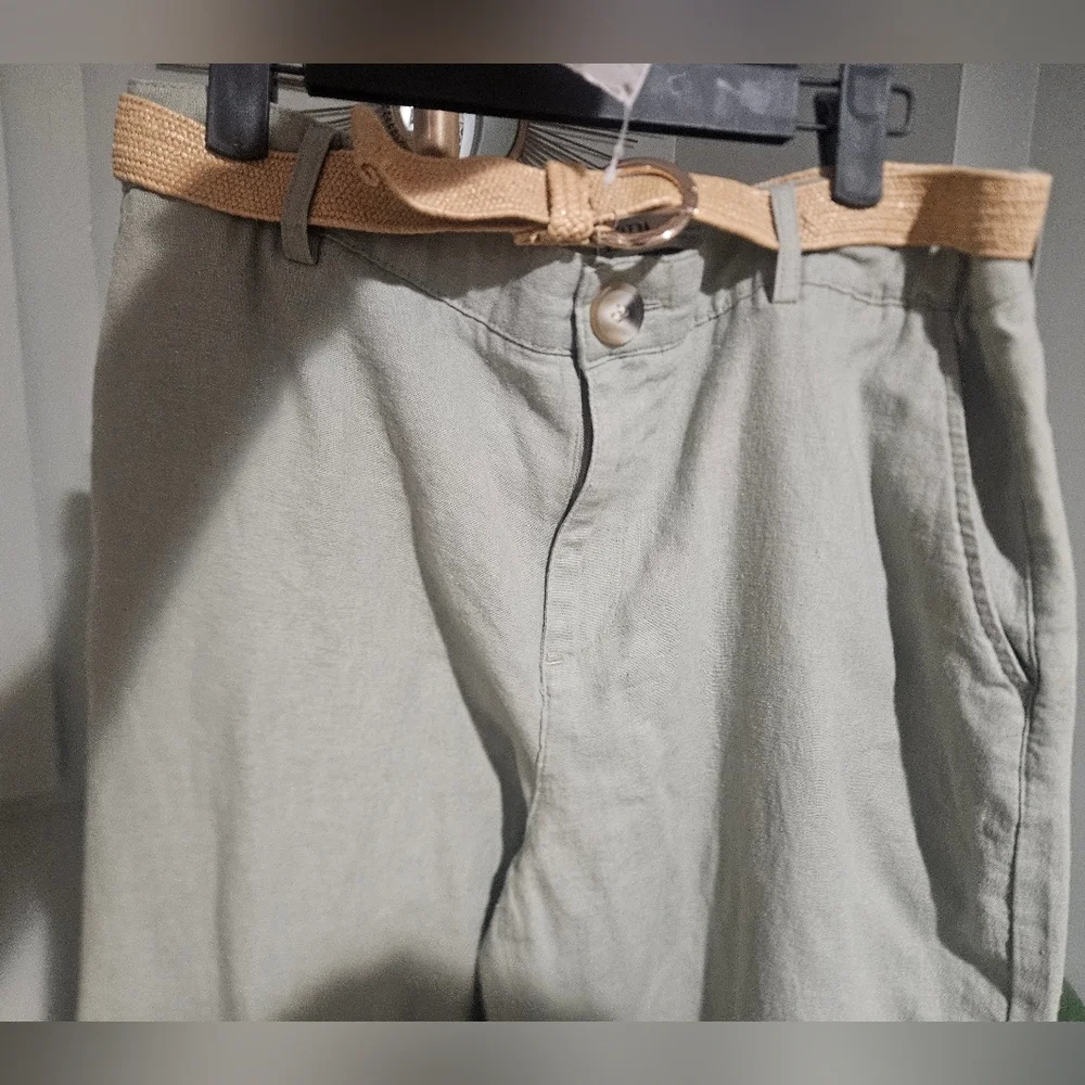 ZARA Linen Blend Belted Tapered Pants – Sage Green – NWT – Size US 6